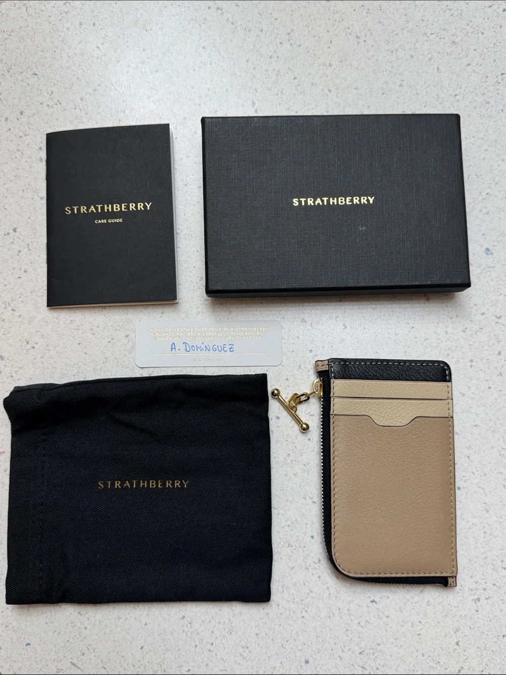 Strathberry Tri Oat/Black/Mushroom Leather Card Holder with Zipper
